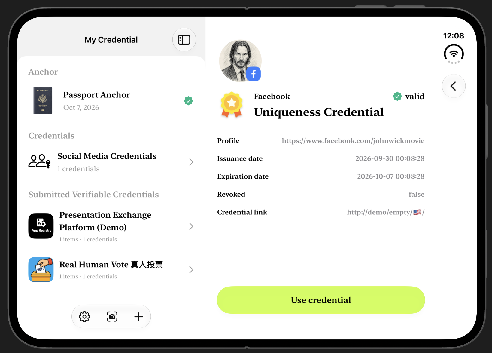 Personhood Credential Demo Mode on iPhone Duo showing John Wick’s Facebook Uniqueness Credential